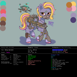 Size: 2000x2000 | Tagged: safe, artist:umbrapone, oc, oc only, oc:rusty sprocket, earth pony, pony, armor, bag, cdda, drone, high res, hooves, m14 ebr, magitek, metric system, numbers, red eyes, reference sheet, saddle bag, short mane, short tail, solo, stats, straps, video game