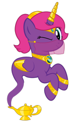 Size: 1816x3072 | Tagged: safe, artist:andrevus, oc, oc only, oc:pinkmane, alicorn, genie, genie pony, pony, alicorn oc, bracelet, circlet, floating, geniefied, gold, hairband, horn, horn sleeve, jewelry, looking at you, magic lamp, necklace, one eye closed, simple background, solo, transparent background, veil, wing jewelry, wings, wink, winking at you