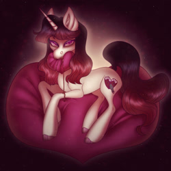 Size: 1024x1024 | Tagged: safe, artist:sadelinav, oc, oc only, oc:chocolate blood, pony, unicorn, female, mare, mouth hold, pillow, solo