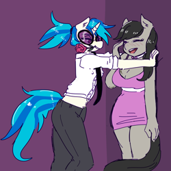 Size: 2300x2297 | Tagged: safe, artist:currentlytr_ash, dj pon-3, octavia melody, vinyl scratch, earth pony, unicorn, anthro, g4, alternate hairstyle, blushing, bowtie, breasts, busty octavia melody, cleavage, clothes, dress, duo, eyes closed, female, flower, flower in mouth, glasses, hand, high res, kabedon, lesbian, mouth hold, necktie, open mouth, pants, ponytail, rose, rose in mouth, ship:scratchtavia, shipping, shirt
