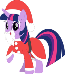 Size: 842x949 | Tagged: safe, artist:porygon2z, twilight sparkle, pony, unicorn, g4, christmas, clothes, costume, fake beard, female, hat, holiday, horn, looking at you, open mouth, santa beard, santa claus, santa costume, santa hat, simple background, solo, transparent background, unicorn twilight, vector