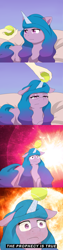 Size: 2000x8000 | Tagged: safe, artist:nihithebrony, izzy moonbow, human, pony, unicorn, g5, 4 panel comic, ascension, ball, comic, female, hand, horn, horn guard, hornball, izzy's tennis ball, jar, lewd container meme, lidded eyes, mare, meme, ponified meme, purple background, red background, simple background, tennis ball, text, when you see it, wide eyes