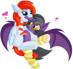 Size: 1709x1613 | Tagged: safe, artist:allyster-black, oc, oc only, oc:augen, bat pony, pegasus, pony, bat pony oc, bat wings, clothes, commission, cuddling, cute, ear tufts, fangs, female, mare, scarf, simple background, socks, striped socks, thigh highs, transparent background, wings