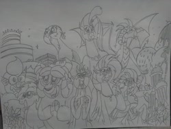 Size: 2592x1944 | Tagged: safe, artist:princebluemoon3, gabby, gallus, ocellus, princess ember, princess skystar, sandbar, silverstream, smolder, yona, changeling, dragon, earth pony, griffon, hippogriff, pony, yak, series:a field trip to the world of yummy desserts, g4, my little pony: the movie, cake, cherry, dessert, dragoness, female, food, gemstones, grayscale, ice cream, ice cream cone, ice cream soda, milkshake, monochrome, sketch, sparkles, strawberry, student six, this will end in weight gain, tongue out, traditional art, weight gain sequence, wide eyes