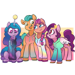 Size: 2048x2048 | Tagged: safe, artist:pfeffaroo, hitch trailblazer, izzy moonbow, pipp petals, sunny starscout, earth pony, pegasus, pony, unicorn, g5, abstract background, ball, braid, clothes, female, grin, high res, hoodie, horn, horn guard, horn impalement, hornball, izzy's tennis ball, male, mare, open mouth, red eyes, red-eyed pipp, sitting, smiling, stallion, sweater, teeth, tennis ball, unshorn fetlocks