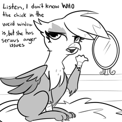 Size: 3000x3000 | Tagged: safe, artist:tjpones, gilda, griffon, g4, behaving like a bird, behaving like a cat, black and white, catbird, cute, dialogue, dweeb, female, gildadorable, grayscale, griffons doing bird things, griffons doing cat things, high res, hypocrisy, hypocritical humor, irony, mirror, monochrome, nest, silly, solo, talking to viewer, text