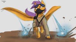 Size: 4098x2260 | Tagged: safe, artist:flashnoteart, scootaloo, pegasus, pony, g4, concept art, goggles, oxygen mask, running, sketch, solo, weapon, wings