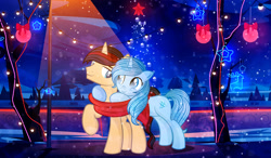 Size: 4000x2328 | Tagged: source needed, safe, artist:rish--loo, oc, oc only, oc:eternal light, alicorn, pony, unicorn, alicorn oc, bauble, blue eyes, christmas, christmas lights, christmas tree, clothes, cloud, female, holiday, horn, hugging a pony, lamppost, looking at each other, male, mare, mountain, night, outdoors, scarf, smiling, snow, stallion, stars, tree, two toned mane, unicorn oc, wings