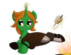 Size: 1486x1159 | Tagged: safe, artist:allyster-black, oc, oc only, pony, unicorn, fallout equestria, armor, cute, female, fire, food, mare, marshmallow, solo