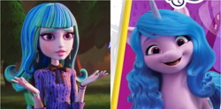 Size: 1274x634 | Tagged: source needed, safe, screencap, izzy moonbow, human, pony, unicorn, g5, comparison, female, monster, monster high, spoilers for another series, twyla, twyla boogeyman