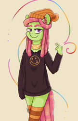 Size: 1510x2333 | Tagged: safe, artist:ratann, tree hugger, earth pony, anthro, g4, cigarette, clothes, female, hat, looking at you, simple background, smoking, socks, solo, sweater, thigh highs, white background