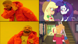 Size: 1020x576 | Tagged: safe, edit, edited screencap, screencap, applejack, big macintosh, rarity, do it for the ponygram!, equestria girls, equestria girls series, five to nine, g4, rollercoaster of friendship, spoiler:eqg series (season 2), applecest, drake, female, hotline bling, incest, lesbian, male, meme, op is a duck, op is trying to start shit, ship:applemac, ship:rarijack, shipping, straight
