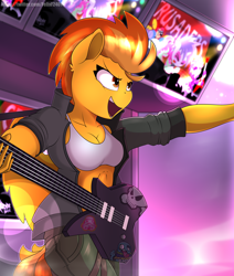 Size: 5500x6500 | Tagged: safe, artist:felixf, apple bloom, scootaloo, spitfire, sweetie belle, pegasus, anthro, abs, clothes, electric guitar, guitar, hard rock, jacket, music, musical instrument, rock (music), smiling, solo