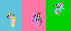 Size: 1024x447 | Tagged: safe, artist:pinkiethepowerpuff, fluttershy, rainbow dash, twilight sparkle, chipmunk, earth pony, pegasus, pony, squirrel, unicorn, g4, blossom (powerpuff girls), book, bubbles (powerpuff girls), buttercup (powerpuff girls), riding a pony, the powerpuff girls, unicorn twilight