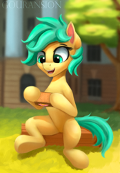 Size: 526x756 | Tagged: safe, artist:foxpit, oc, oc only, earth pony, pony, eating, female, food, hoof hold, mare, open mouth, sandwich, sitting, smiling, solo, underhoof