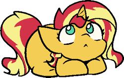 Size: 350x221 | Tagged: safe, artist:zutcha, sunset shimmer, pony, unicorn, g4, :<, cute, ponyloaf, shimmerbetes, smol, solo