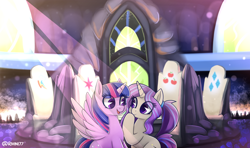 Size: 4500x2658 | Tagged: safe, artist:rivin177, twilight sparkle, oc, oc:krya, alicorn, pony, unicorn, g4, cutie map, duo, face to face, spread wings, throne room, twilight sparkle (alicorn), twilight's castle, wings