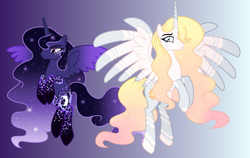 Size: 3594x2274 | Tagged: safe, artist:xxcheerupxxx, princess celestia, princess luna, alicorn, pony, g4, alternate hairstyle, base used, coat markings, colored wings, colored wingtips, duo, duo female, ethereal hair, ethereal mane, ethereal tail, facial markings, female, flying, gradient background, gradient mane, gradient tail, gradient wings, high res, horn, leg markings, purple background, purple eyes, royal sisters, siblings, simple background, sisters, sparkly mane, sparkly tail, spread wings, star (coat marking), starry mane, starry tail, striped horn, tail, wings