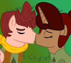 Size: 928x814 | Tagged: safe, artist:box-of-ideas, artist:jadeharmony, pegasus, pony, unicorn, bandana, base used, camp camp, clothes, crossover, david (camp camp), eyes closed, female, green background, gwen (camp camp), gwenvid, kissing, male, mare, non-mlp shipping, ponified, rooster teeth, shipping, shirt, simple background, stallion, straight, vest