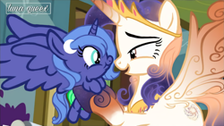 Size: 1920x1080 | Tagged: safe, artist:luna.queex, edit, edited screencap, screencap, princess luna, oc, oc:queen galaxia, alicorn, pony, a flurry of emotions, g4, alicorn oc, baby, baby luna, baby pony, celestia and luna's mother, diaper, duo, ethereal mane, eyelashes, female, foal, holding a pony, horn, indoors, jewelry, like mother like daughter, like parent like child, mare, mother and child, mother and daughter, open mouth, smiling, starry mane, tiara, wings, woona, young, young luna, younger