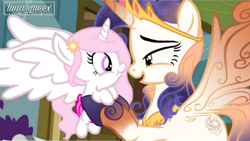 Size: 1920x1080 | Tagged: safe, artist:luna.queex, edit, edited screencap, screencap, princess celestia, oc, oc:queen galaxia, alicorn, pony, a flurry of emotions, g4, baby, baby celestia, baby pony, celestia and luna's mother, cewestia, diaper, duo, ethereal mane, eyelashes, female, filly, holding a pony, indoors, jewelry, like mother like daughter, like parent like child, mare, mother and child, mother and daughter, open mouth, peytral, pink-mane celestia, smiling, starry mane, tiara, young, young celestia, younger