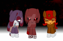 Size: 1024x671 | Tagged: safe, artist:sonic5100, earth pony, pony, unicorn, .exe, base used, blood, cream the rabbit, cream.exe, crying, evil, knuckles the echidna, knuckles.exe, looking at you, male, ponified, red eyes, sally acorn, sally.exe, smiling, sonic the hedgehog (series), tears of blood, zalgo