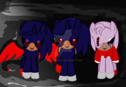 Size: 1024x705 | Tagged: safe, artist:sonic5100, oc, oc:sonica, alicorn, earth pony, pony, .exe, amy rose, amy.exe, blood, crying, demon wings, evil, looking at you, male, ponified, red dress, red eyes, smiling, sonic the hedgehog, sonic the hedgehog (series), sonic.exe, sonica.exe, stitches, tears of blood, wings, zalgo