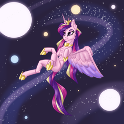 Size: 4000x4000 | Tagged: safe, artist:sugarypolecat, princess cadance, alicorn, pony, g4, galaxy, horn, horseshoes, jewelry, pink body, purple eyes, regalia, solo, space, spread wings, wings