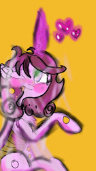 Size: 720x1280 | Tagged: safe, artist:cocolove2176, oc, oc only, changeling queen, pony, blushing, changeling queen oc, female, glowing horn, heart, horn, one eye closed, orange background, pink changeling, simple background, solo, wink