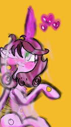 Size: 720x1280 | Tagged: safe, artist:cocolove2176, oc, oc only, changeling, changeling queen, pony, blushing, changeling queen oc, female, glowing horn, heart, horn, one eye closed, orange background, pink changeling, simple background, solo, wink