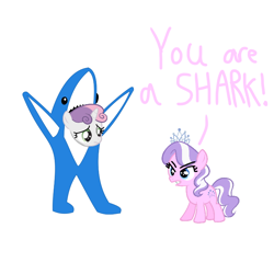 Size: 768x768 | Tagged: safe, diamond tiara, sweetie belle, earth pony, pony, shark, unicorn, g4, angry, clothes, costume, female, filly, frown, katy perry, left shark, narrowed eyes, sad, shark belle, shark costume, simple background, white background, yelling