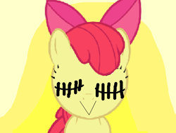 Size: 960x720 | Tagged: safe, artist:angrymetal, apple bloom, earth pony, pony, g4, .exe, 1000 hours in ms paint, bow, female, filly, hair bow, smiling, stitched eyes, stitches, why
