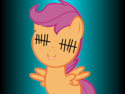 Size: 960x720 | Tagged: safe, artist:angrymetal, scootaloo, pegasus, pony, g4, .exe, 1000 hours in ms paint, female, filly, sally.exe, smiling, stitched eyes, stitches, why