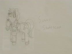 Size: 4608x3456 | Tagged: safe, artist:acid flask, derpibooru exclusive, sunny starscout, earth pony, pony, g5, boy scout, boy scout uniform, canteen, drawing, girl scout, happy, looking at you, merit badge, neckerchief, picture, sash, sketch, smiling, smiling at you, star rank, troop 272, water bottle
