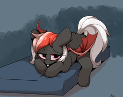 Size: 2938x2314 | Tagged: safe, artist:luxsimx, oc, oc only, oc:amaryllis, bat pony, pony, :p, bat pony oc, female, filly, high res, mattress, solo, tongue out, wings