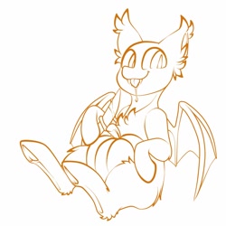 Size: 1024x1024 | Tagged: safe, artist:star-theft, oc, oc only, bat pony, pony, :p, base, bat pony oc, bat wings, ear fluff, hoof hold, knife, lineart, monochrome, pumpkin, sitting, solo, tongue out, wings