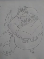 Size: 1944x2592 | Tagged: safe, artist:princebluemoon3, princess ember, dragon, series:a field trip to the world of yummy desserts, g4, clothes, dragoness, dragonlard ember, fat, female, grayscale, midriff, monochrome, sketch, solo, sunglasses, swimsuit, traditional art, weight gain, weight gain sequence