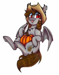 Size: 807x1024 | Tagged: safe, artist:star-theft, artist:yoonah, oc, oc only, bat pony, pony, :p, background removed, base used, bat pony oc, bat wings, chest fluff, ear fluff, hat, hoof hold, knife, pumpkin, simple background, solo, tongue out, white background, wings