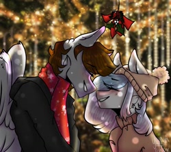Size: 1024x912 | Tagged: safe, alternate version, artist:yoonah, oc, oc only, earth pony, pegasus, anthro, beanie, blushing, bust, clothes, colored, duo, earth pony oc, eyes closed, grin, hat, holly, mistletoe, oc x oc, outdoors, pegasus oc, scarf, shipping, smiling, wings