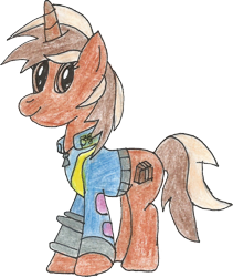 Size: 943x1116 | Tagged: safe, artist:pegasski, oc, oc only, oc:softbox, pony, unicorn, fallout equestria, g4, clothes, eyelashes, female, horn, jumpsuit, mare, mare oc, pony oc, simple background, smiling, solo, traditional art, transparent background, unicorn oc, vault suit