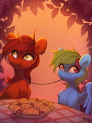 Size: 3000x4000 | Tagged: safe, artist:sugarstar, oc, oc only, pegasus, pony, unicorn, commission, duo, food, oc x oc, pasta, shipping, spaghetti, spaghetti scene, ych result