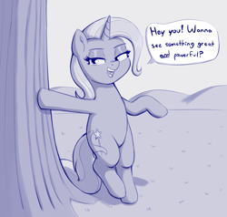 Size: 1984x1887 | Tagged: safe, artist:heretichesh, trixie, pony, unicorn, dialogue, eyeshadow, female, leaning, looking at you, makeup, mare, smug, solo, text, tree