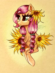 Size: 3072x4096 | Tagged: safe, artist:dust1_sapphire, sunny starscout, earth pony, pony, g5, braid, bust, chest fluff, eyelashes, female, flower, flower in hair, high res, mare, raised hoof, signature, solo, sunflower