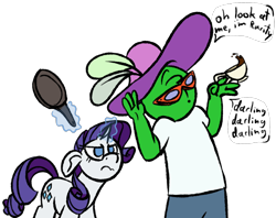 Size: 1334x1055 | Tagged: safe, artist:skookz, rarity, oc, oc:anon, human, pony, unicorn, g4, angry, asking for it, clothes, cup, darling, dialogue, female, frying pan, glasses, hat, imminent pain, magic, magic aura, male, mare, mocking, no pupils, rarity is not amused, reference, simple background, speech bubble, teacup, telekinesis, this is going to hurt, toy story, transparent background, unamused