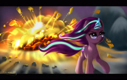 Size: 3500x2216 | Tagged: safe, artist:darksly, starlight glimmer, pony, unicorn, g4, the ending of the end, badass, cheese, cool guys don't look at explosions, cutie mark, explosion, female, fire, food, high res, magic, mare, scene interpretation, solo, walking, wat