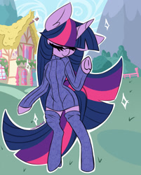 Size: 1630x2030 | Tagged: safe, artist:ladylullabystar, twilight sparkle, semi-anthro, g4, adorasexy, arm hooves, closed mouth, clothes, cute, ear fluff, eyes closed, female, horn, impossibly large mane, impossibly large tail, sexy, socks, solo, sweater, thigh highs, zettai ryouiki