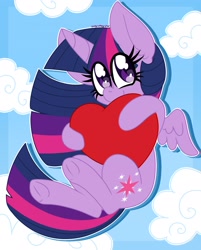 Size: 1630x2030 | Tagged: safe, artist:ladylullabystar, twilight sparkle, alicorn, pony, g4, chibi, cloud, cute, female, floating, happy, heart, holiday, looking at you, mare, smiling, solo, twiabetes, twilight sparkle (alicorn), underhoof, valentine's day
