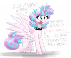 Size: 1877x1522 | Tagged: safe, artist:flutterthrash, princess flurry heart, alicorn, pony, g4, angry, choker, dialogue, feathered wings, female, implied princess cadance, mare, offscreen character, older, older flurry heart, princess emo heart, sketch, solo, spiked choker, spread wings, wings