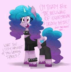 Size: 1834x1864 | Tagged: safe, artist:flutterthrash, izzy moonbow, pony, unicorn, g5, choker, clothes, dialogue, female, mare, offscreen character, shirt, sketch, solo, spiked choker, spiked wristband, wristband