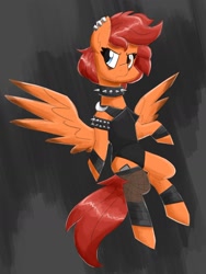 Size: 1200x1597 | Tagged: safe, artist:flutterthrash, oc, oc only, pegasus, pony, choker, clothes, ear piercing, earring, flying, jewelry, piercing, solo, spiked choker, spread wings, stockings, thigh highs, unamused, wings